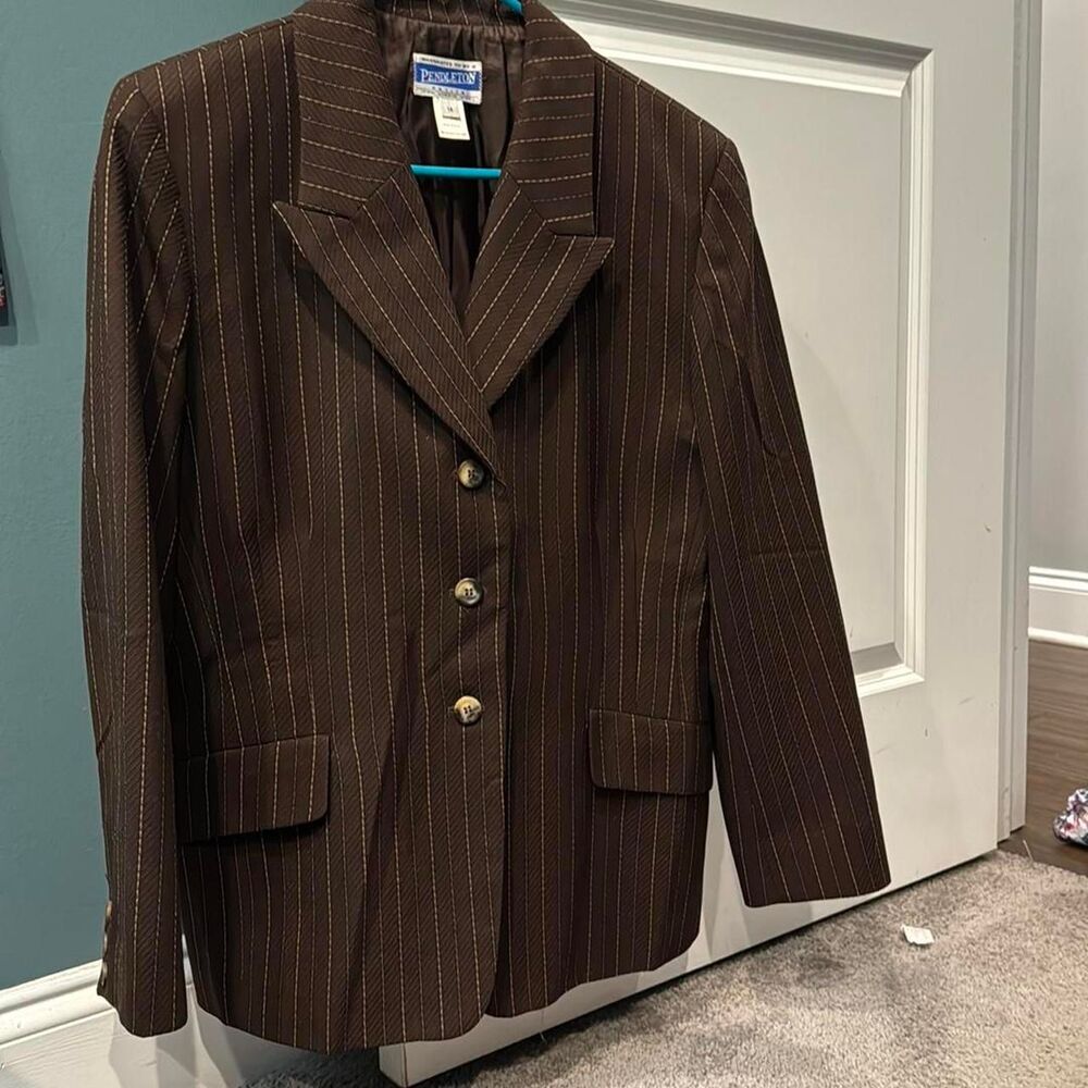 Vintage Pendleton Blazer Women's 14P Brown Pinstripe 100% Wool 90s Style